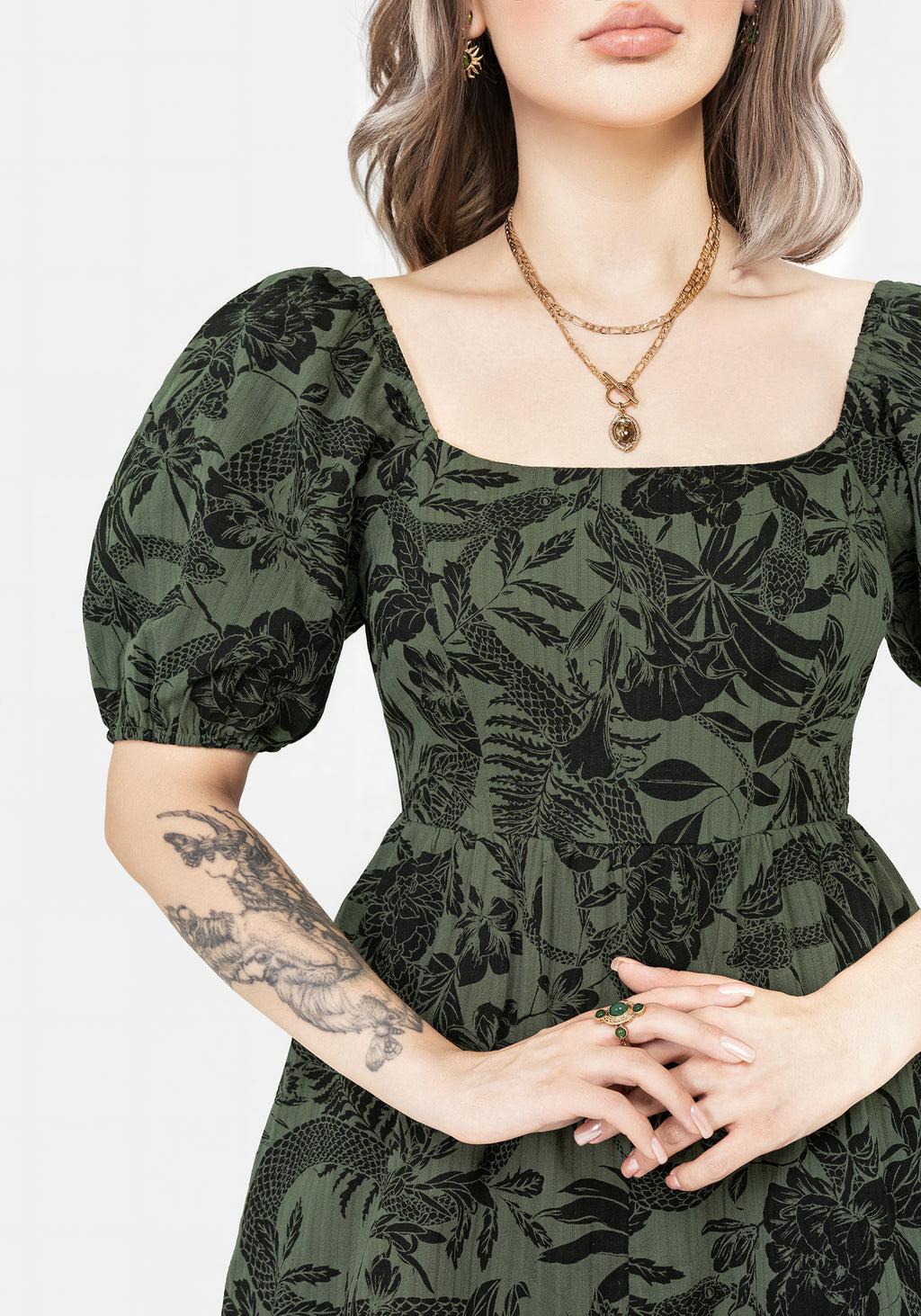 Bashe Cotton Puff Sleeve Playsuit - Green Product Image