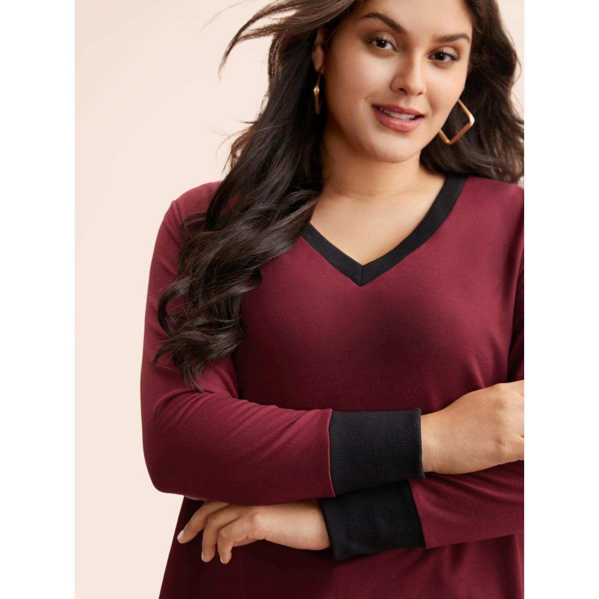 Plus Size V Neck Contrast Patchwork Sweatshirt Women Deepred Casual Contrast V-neck Everyday Sweatshirts BloomChic 18-20/2X Product Image