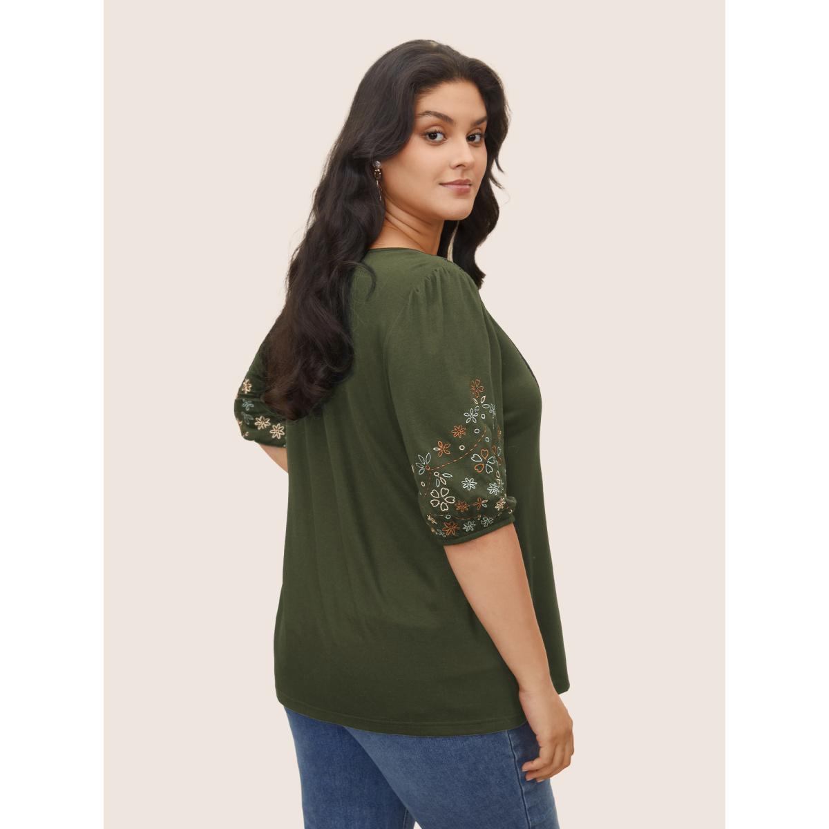 Plus Size Floral Embroidered Crew Neck Puff Sleeve T-shirt ArmyGreen Women Elegant Embroidered Round Neck Everyday T-shirts BloomChic 18-20/2X Product Image