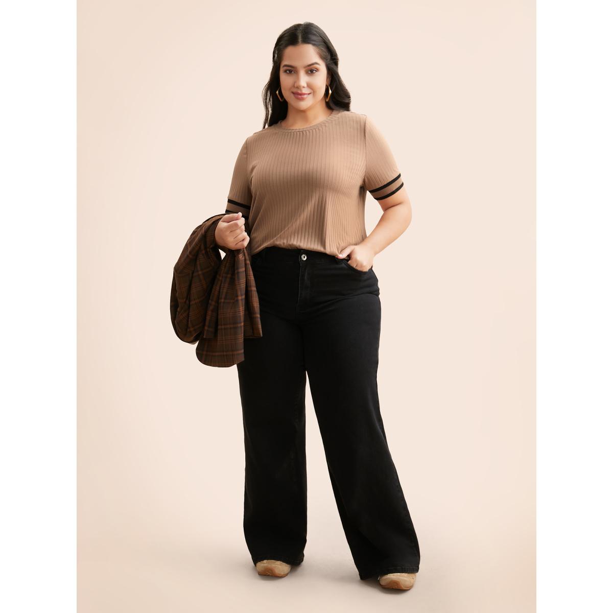 Plus Size Crew Neck Pit Strip Contrast Trim T-shirt LightBrown Women Casual Texture Round Neck Everyday T-shirts BloomChic 10/M Product Image