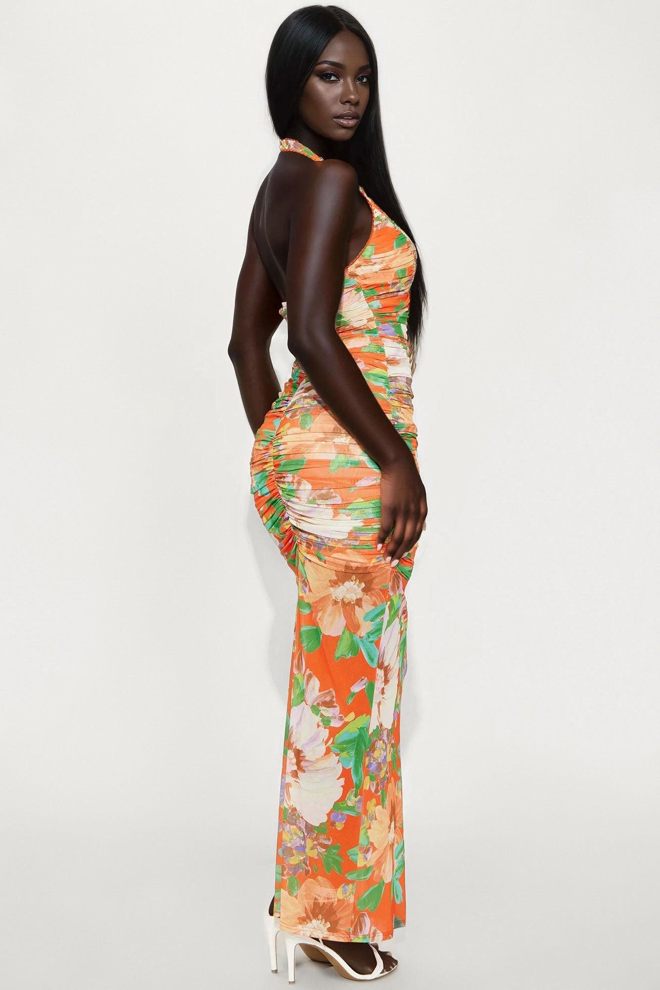 Gloria Mesh Floral Maxi Dress - Orange/combo Female Product Image