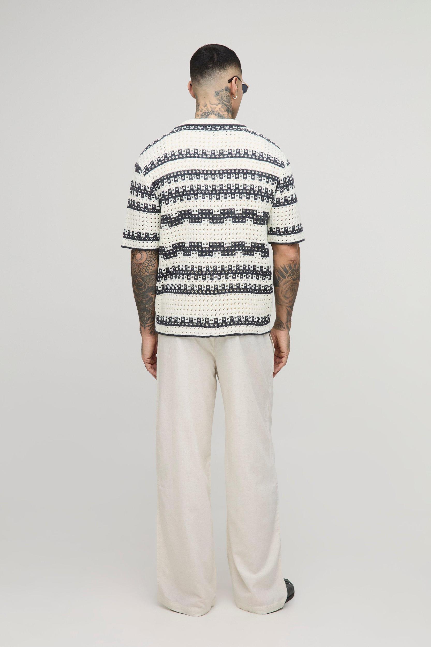 Tall Oversized Stripe Crochet Shirt | boohooMAN USA Product Image