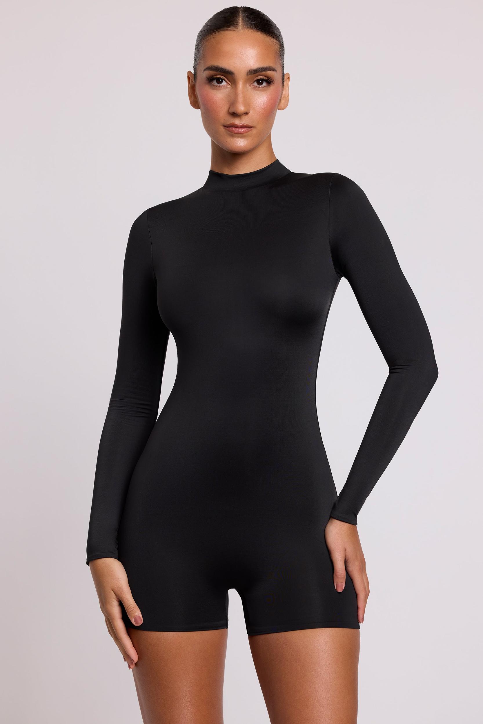 High Neck Long Sleeve Romper in Black Product Image