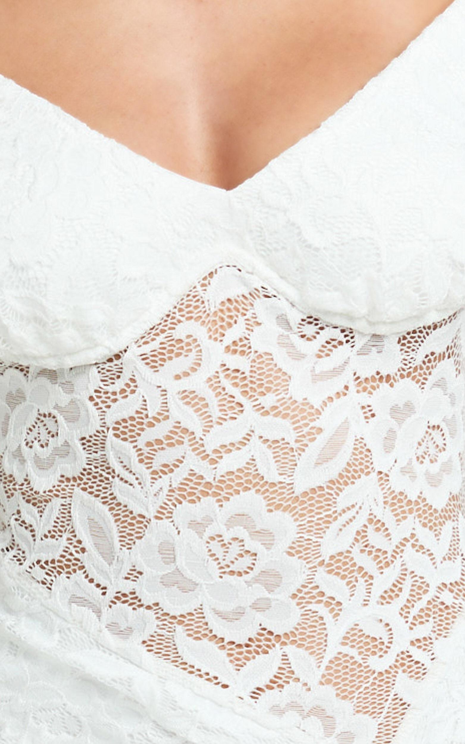 Tatum Midi Dress - Lace Off Shoulder Side Split Dress in Off White Product Image