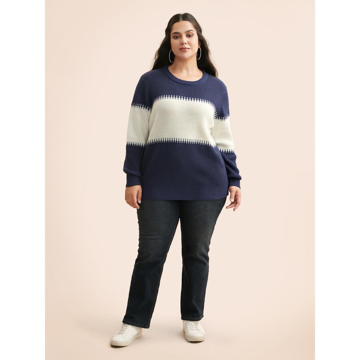 Plus Size Crew Neck Contrast Patchwork Pullover Indigo Women Leisure Loose Long Sleeve Round Neck Casual Pullovers BloomChic 12/L Product Image