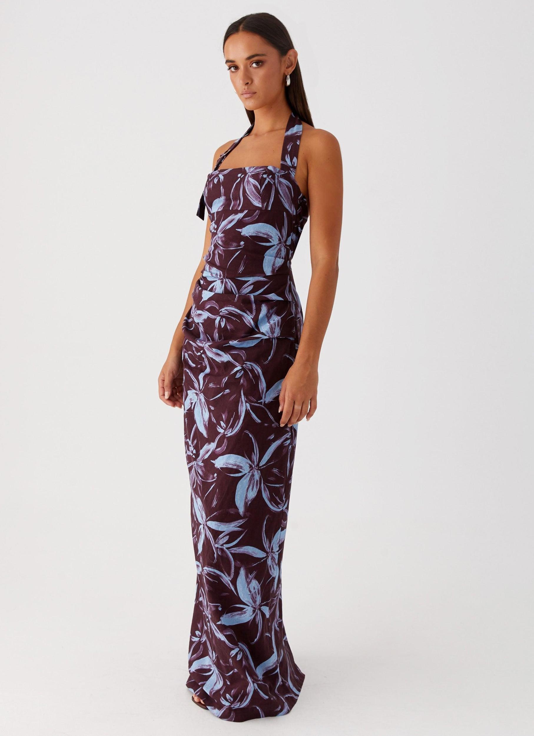 Fauna Halter Maxi Dress - Brown Purple Floral Product Image