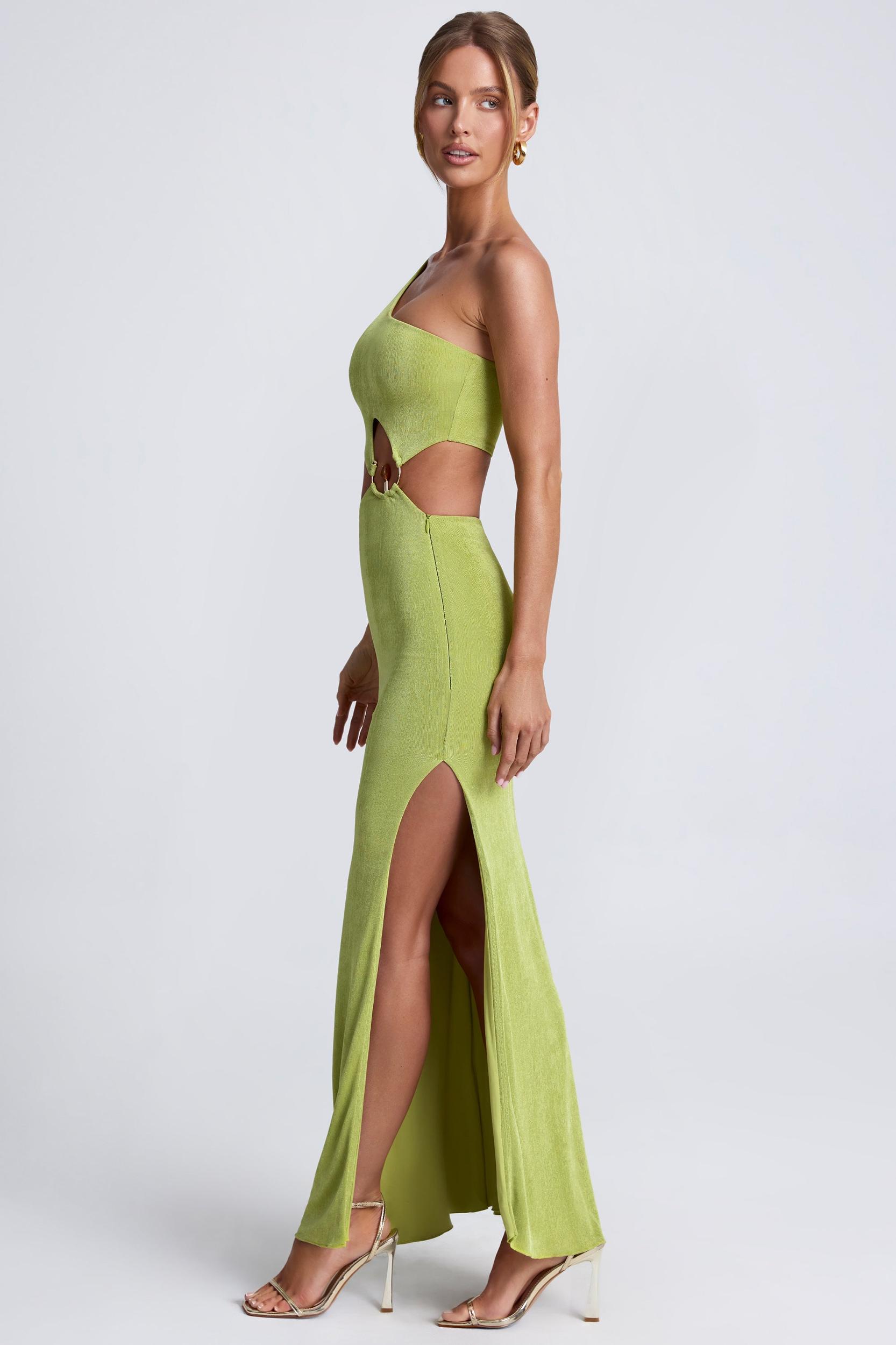 Hardware Detail One-Shoulder Maxi Dress in Olive Green Product Image