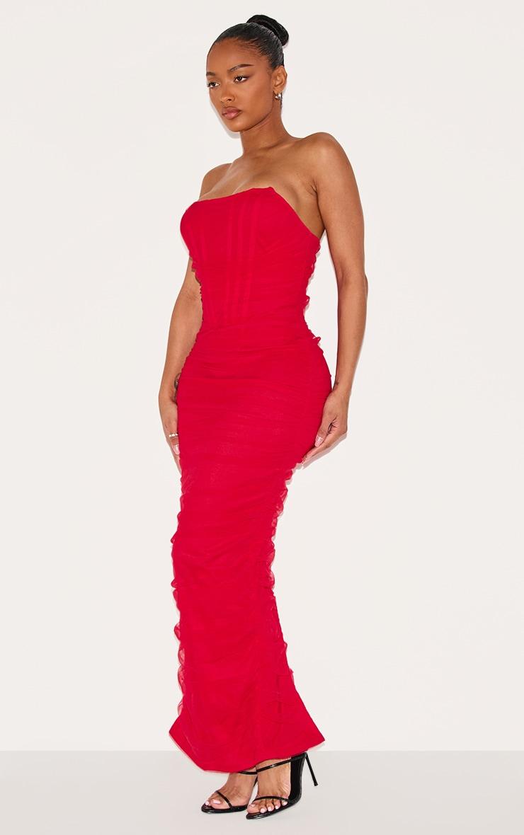 Shape Red Corset Detail Long Sleeve Ruched Midi Dress Product Image