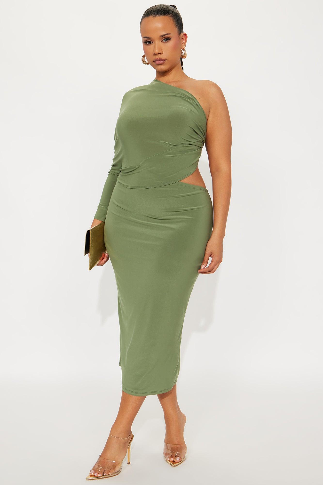 Sly Smile Asymmetrical Midi Dress - Olive Female Product Image