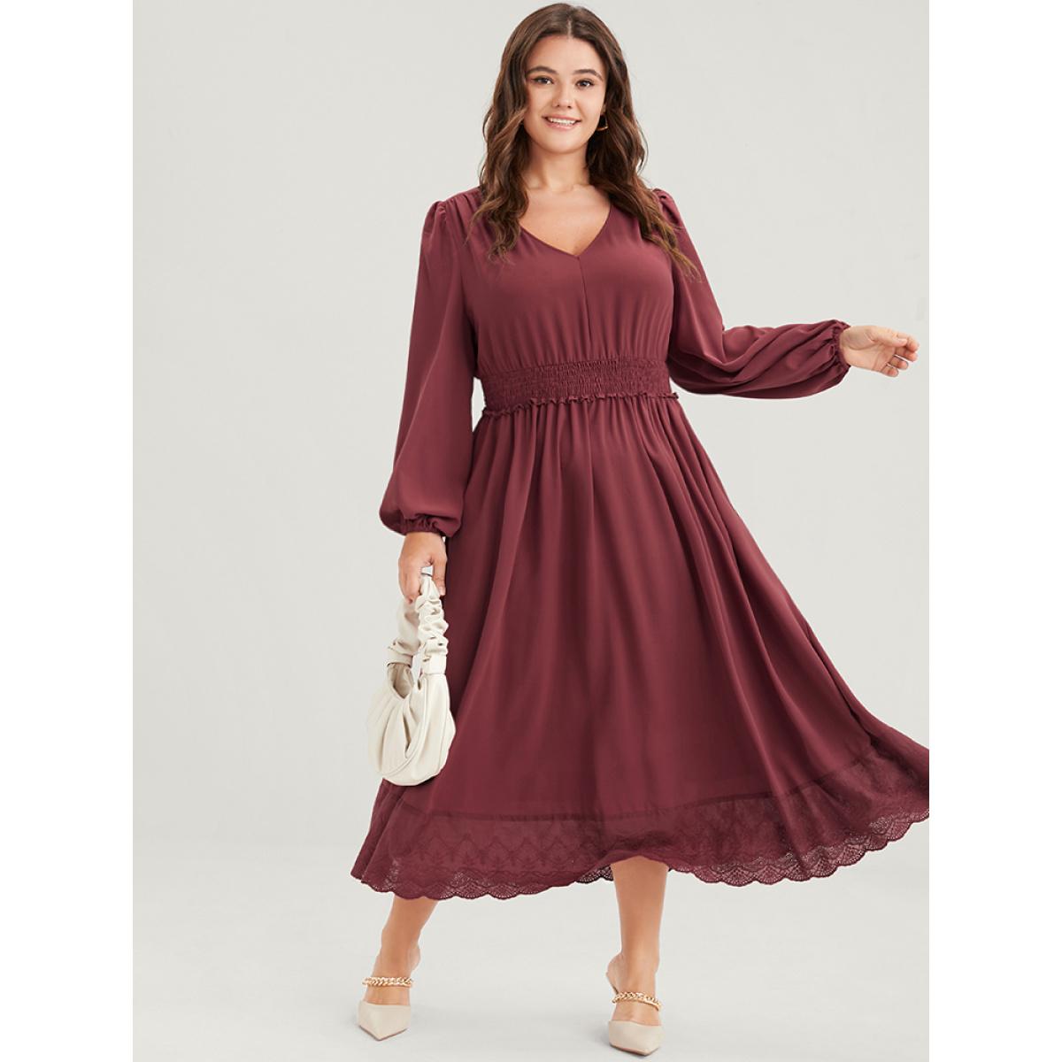 Plus Size Solid Pocket Lantern Sleeve Patchwork Ruffled Shirred Dress DustyPink Women Elegant Plain V-neck Long Sleeve Curvy Midi Dress BloomChic 12/L Product Image