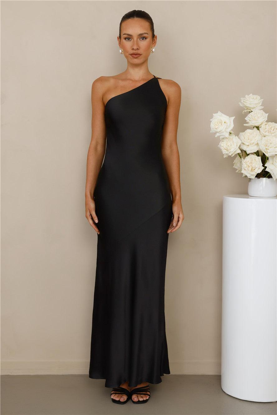 The Evangeline One Shoulder Satin Maxi Dress Black Product Image