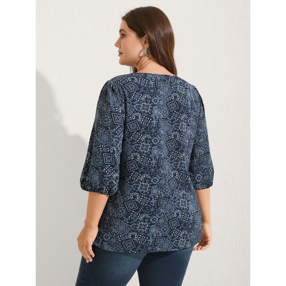 Plus Size Indigo Boho Print Neck Tie Lantern Sleeve Blouse Women Boho Elbow-length sleeve Notched collar Vacation Blouses BloomChic 30/6X Product Image