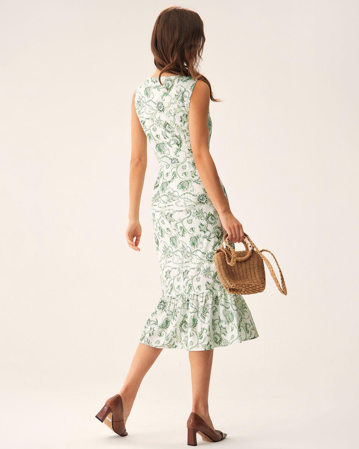 Green Floral Square Neck Midi Dress Product Image