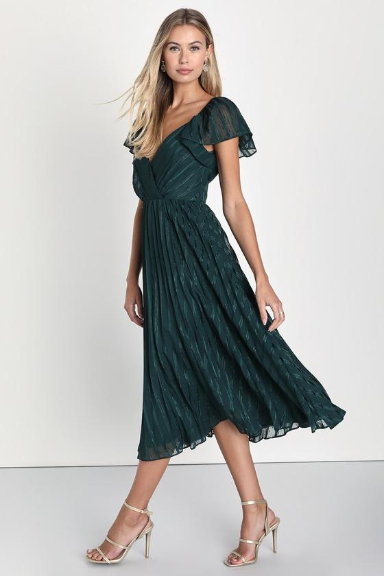 Standout Sophistication Emerald Lurex Flutter Sleeve Midi Dress Product Image