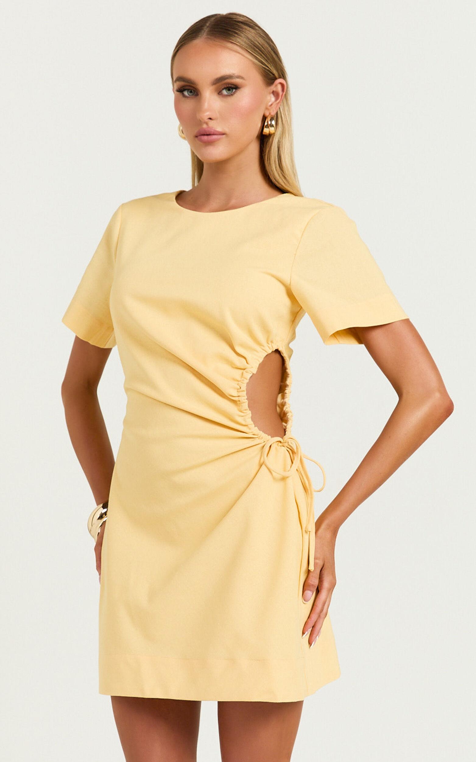 Samira Mini Dress - Ruched Cut Out Linen Dress in Lemon Product Image