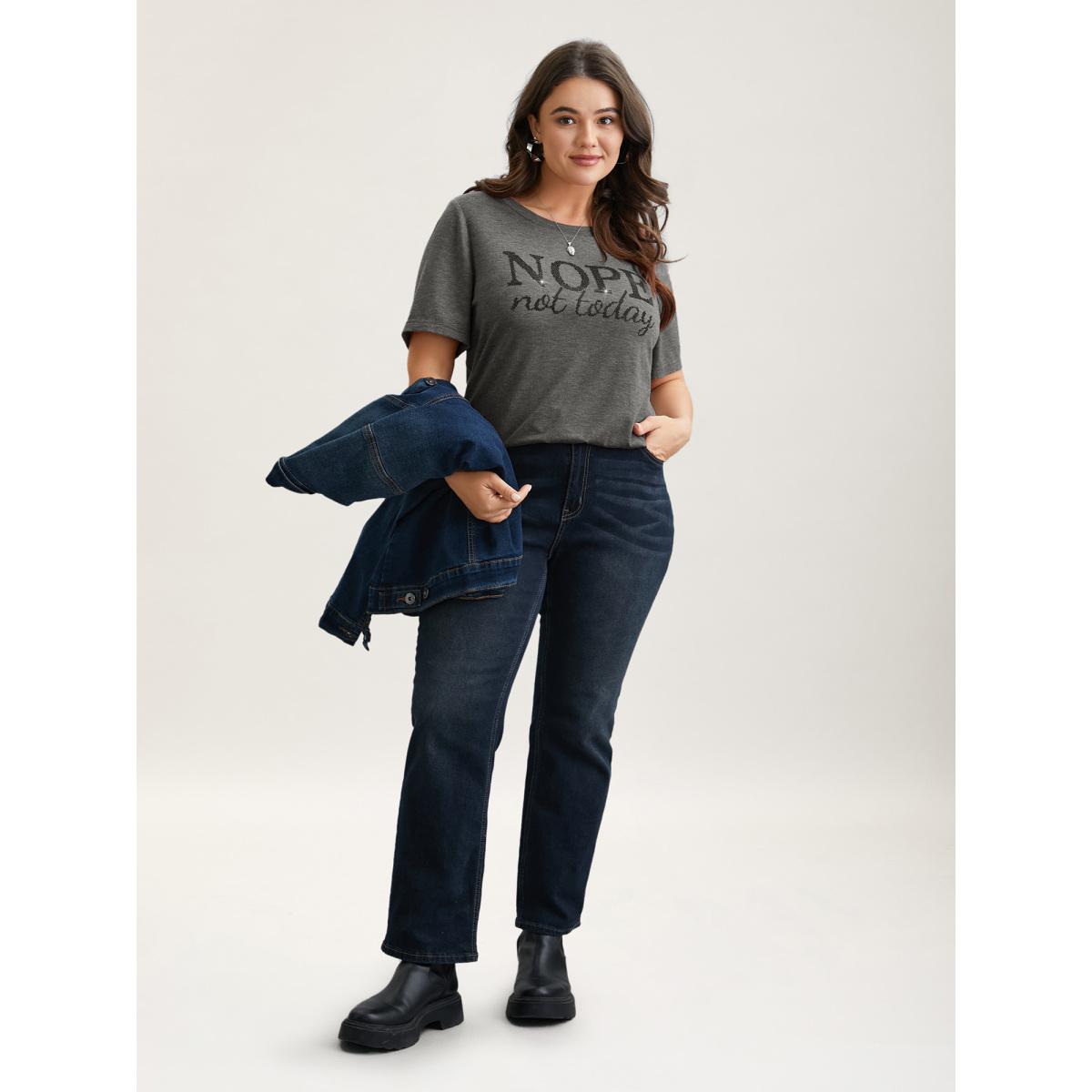 Plus Size Nope Not Today Print Rhinestone Round Neck T-Shirt Deepred Women Leisure Rhinestone detailing Round Neck Casual T-shirts BloomChic 10/M Product Image