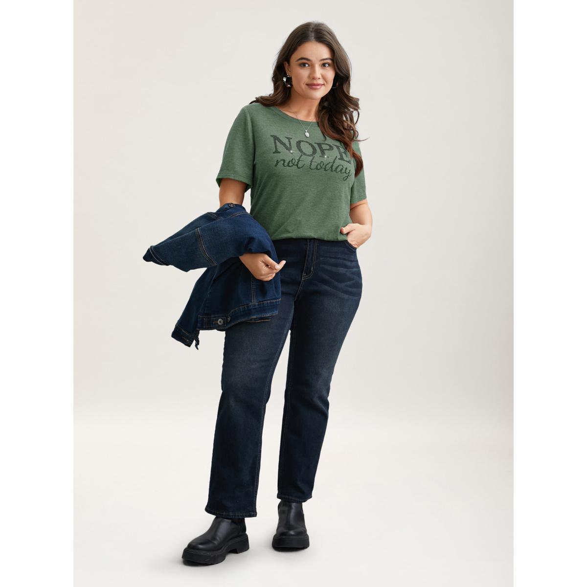 Plus Size Nope Not Today Print Rhinestone Round Neck T-Shirt DarkGreen Women Casual Rhinestone detailing Round Neck Everyday T-shirts BloomChic 12/L Product Image