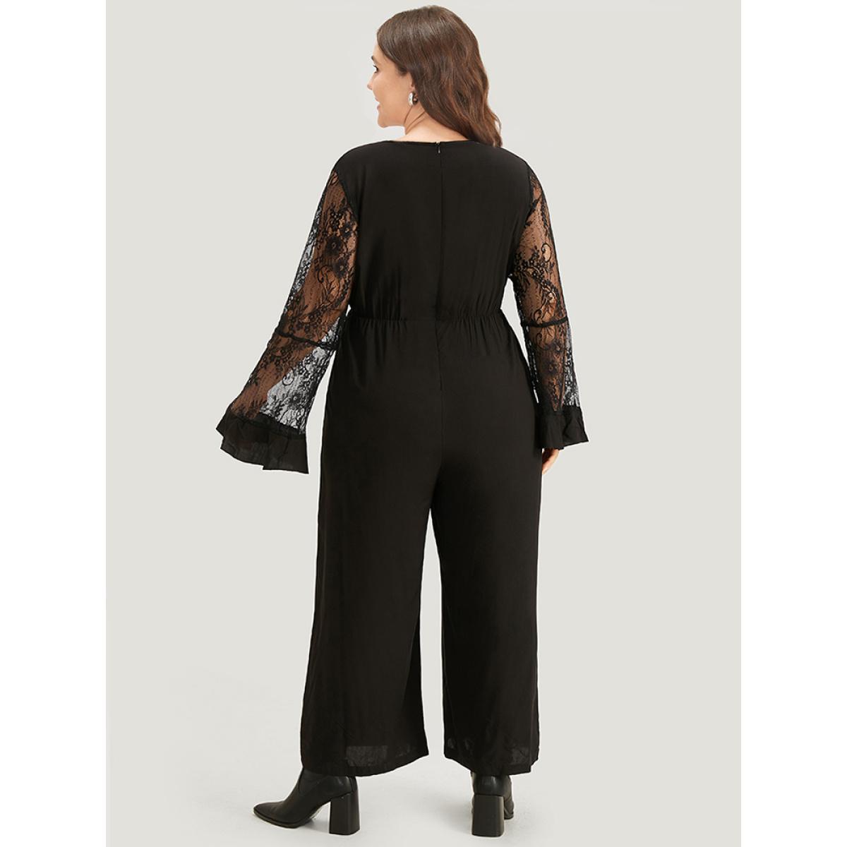 Plus Size Black Halloween Plain Mesh Eyelet Lace Pocket Jumpsuit Women Elegant Long Sleeve V-neck Festival-Halloween Loose Jumpsuits BloomChic 10/M Product Image