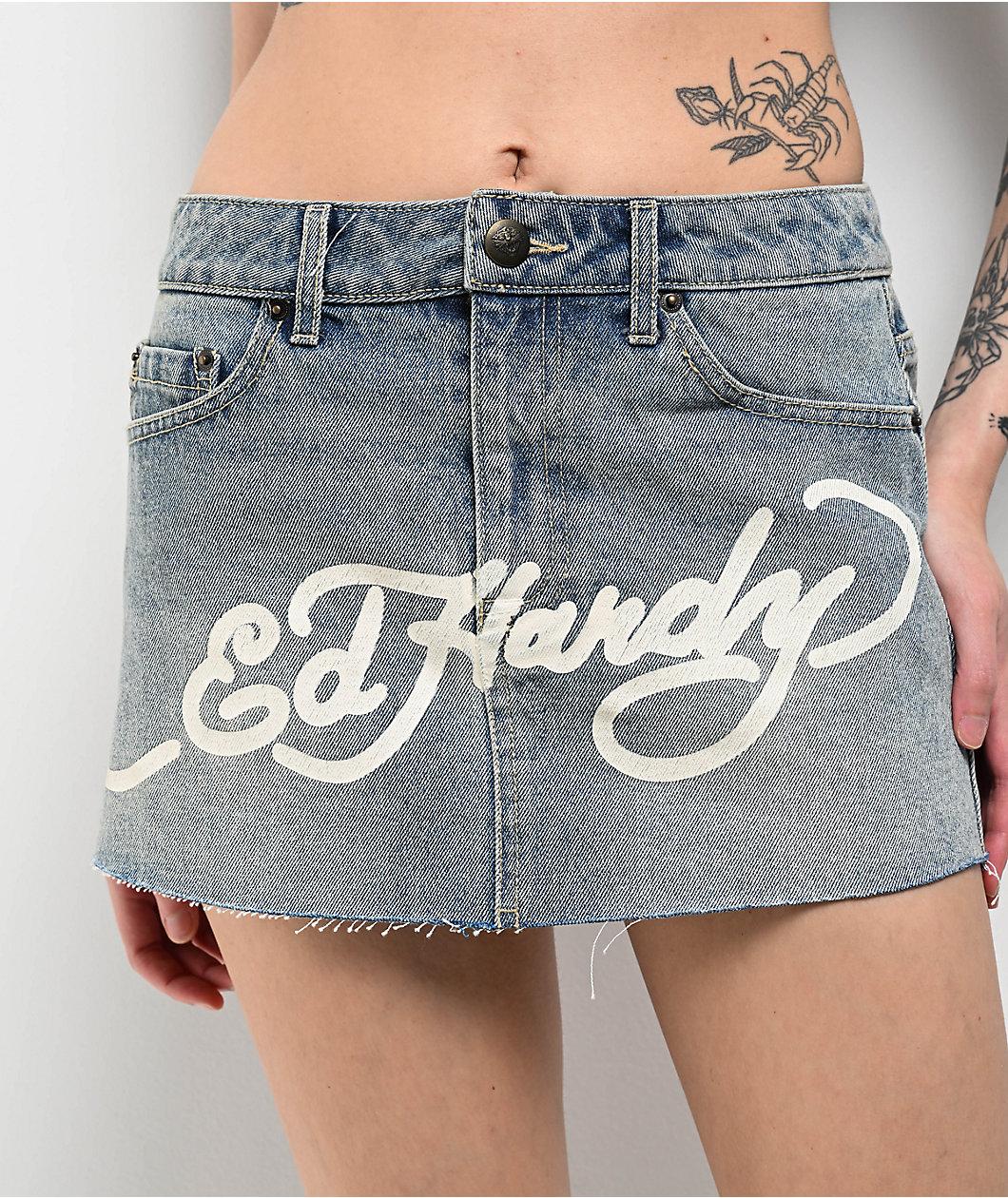 Ed Hardy Dragon Light Blue Cutoff Denim Mini Skirt Product Image