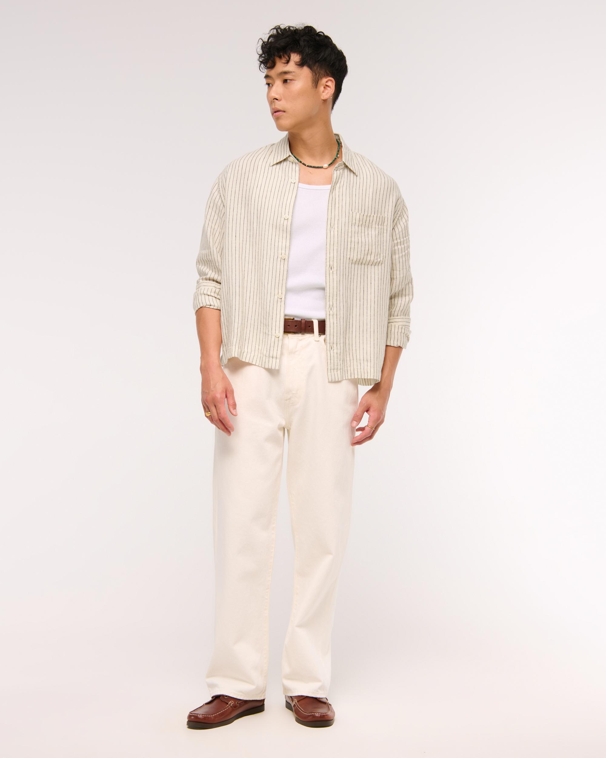 Cropped Linen Button-Up Shirt Product Image