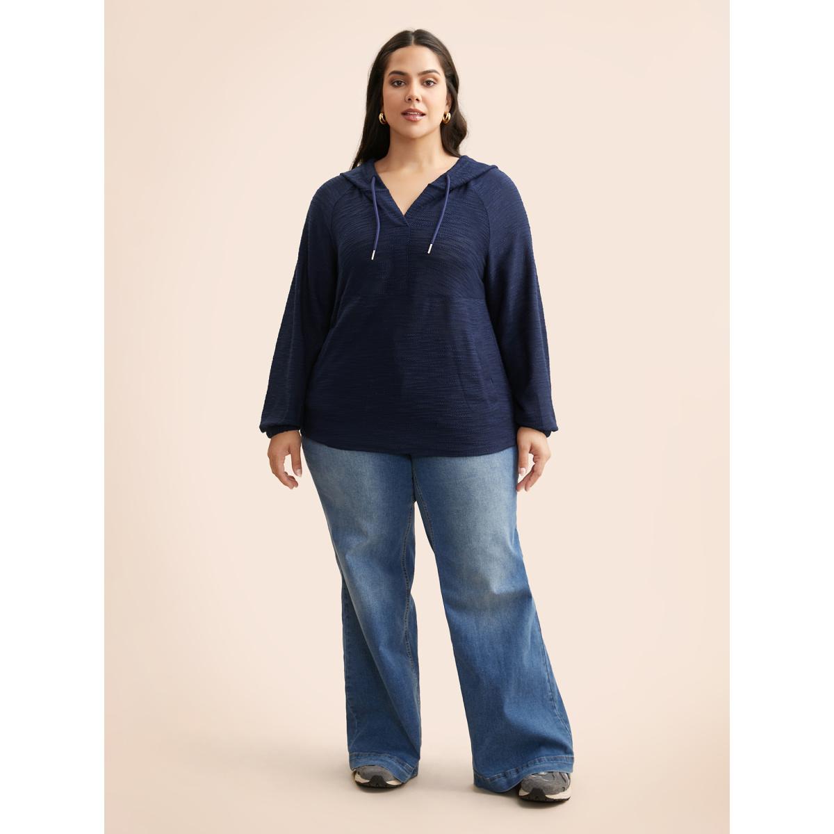 Plus Size Texture Drawstring Pocket Hooded Sweatshirt Women DarkBlue Casual Texture Loose Hooded Everyday Sweatshirts BloomChic 14-16/1X Product Image