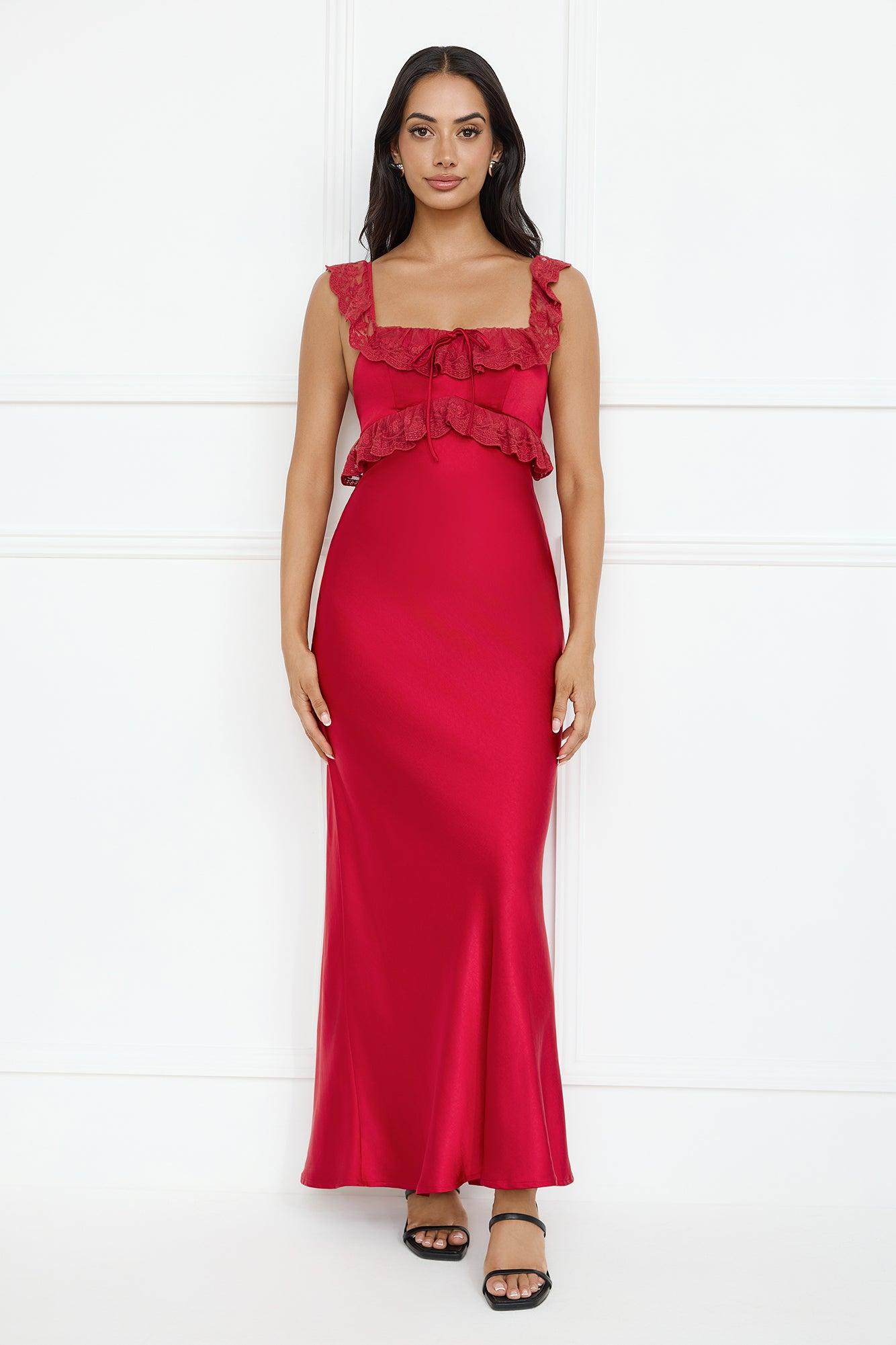 Waltzing In Romance Satin Maxi Dress Red Product Image