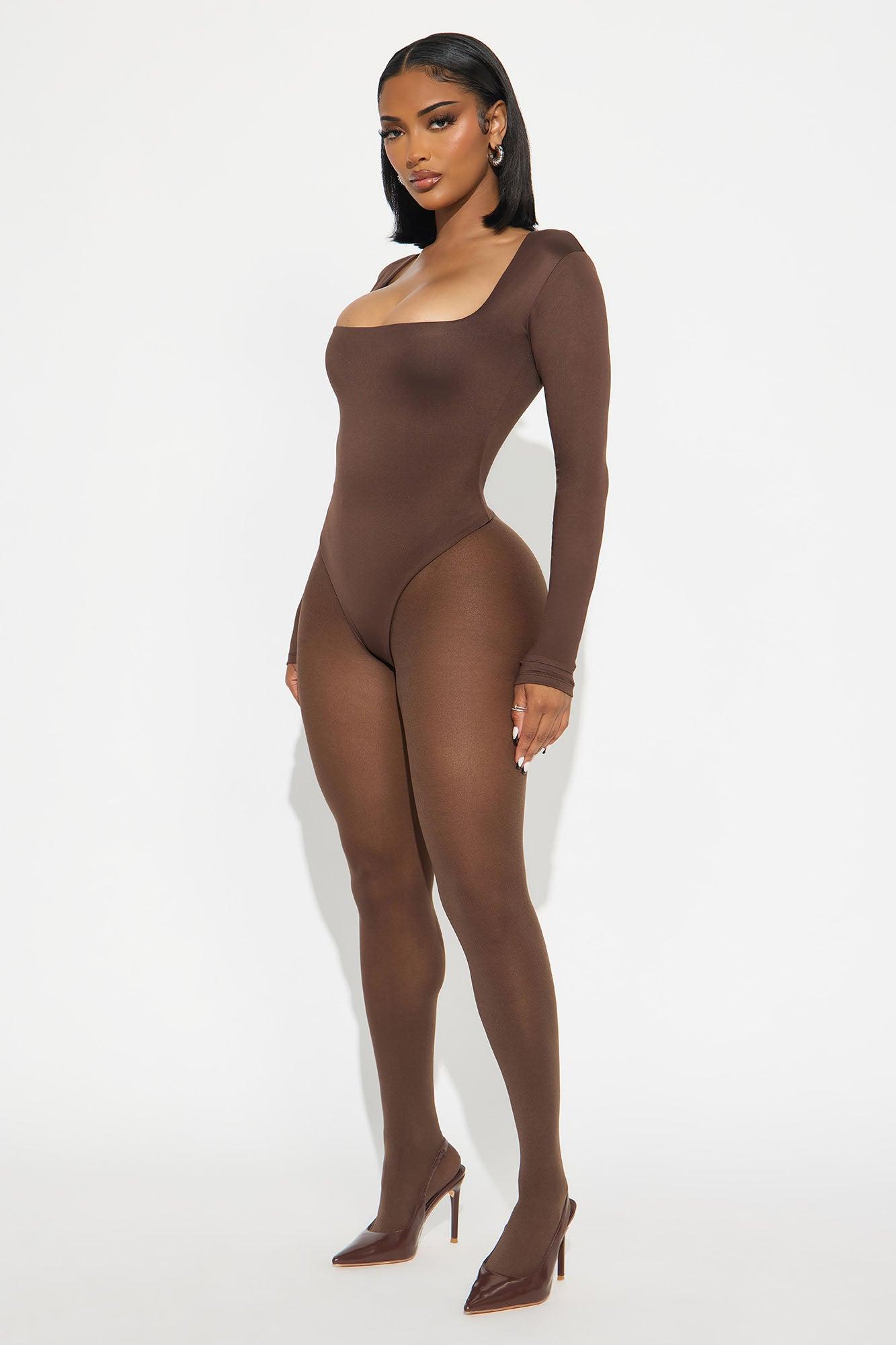 Contour Double Lined Long Sleeve Square Neck Bodysuit - Chocolate Female Product Image