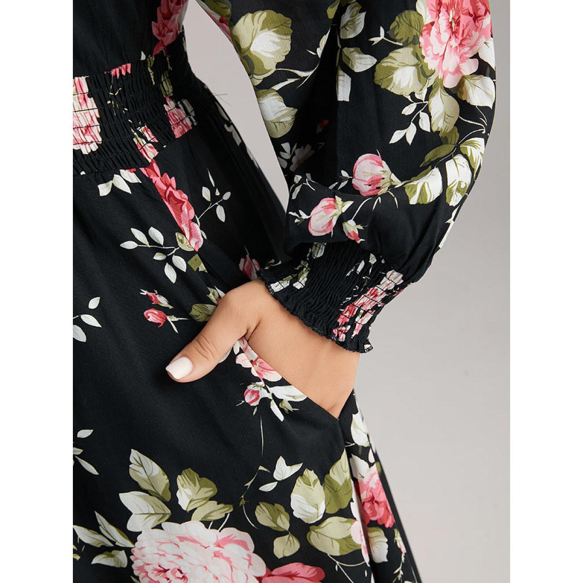 Plus Size Supersoft Essentials Floral Pocket Shirred Dress Black Women Elegant Wrap Overlap Collar Long Sleeve Curvy Midi Dress BloomChic 26/4X Product Image
