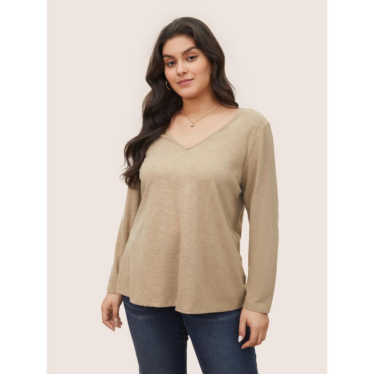 Plus Size Plain Heather Lace Mesh Patchwork T-shirt Tan Women Elegant Non Plain V-neck Everyday T-shirts BloomChic 28/5X Product Image
