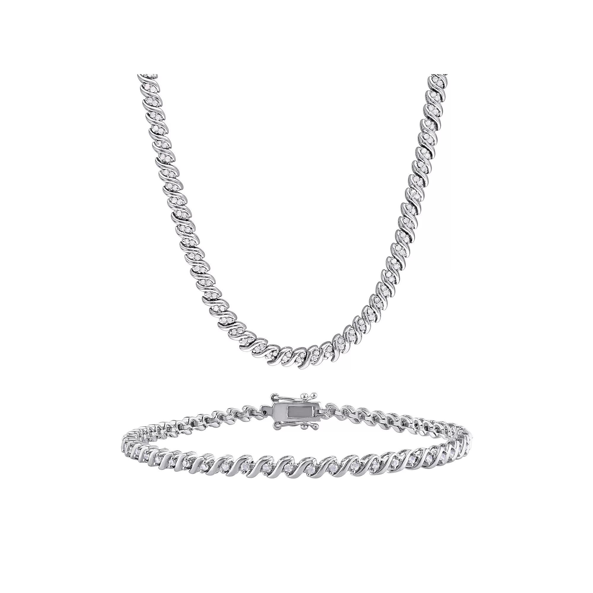 Stella Grace 1 1/2 Carat T.W. Diamond Tennis Bracelet & Necklace Set, Women's, Sterling Silver Product Image