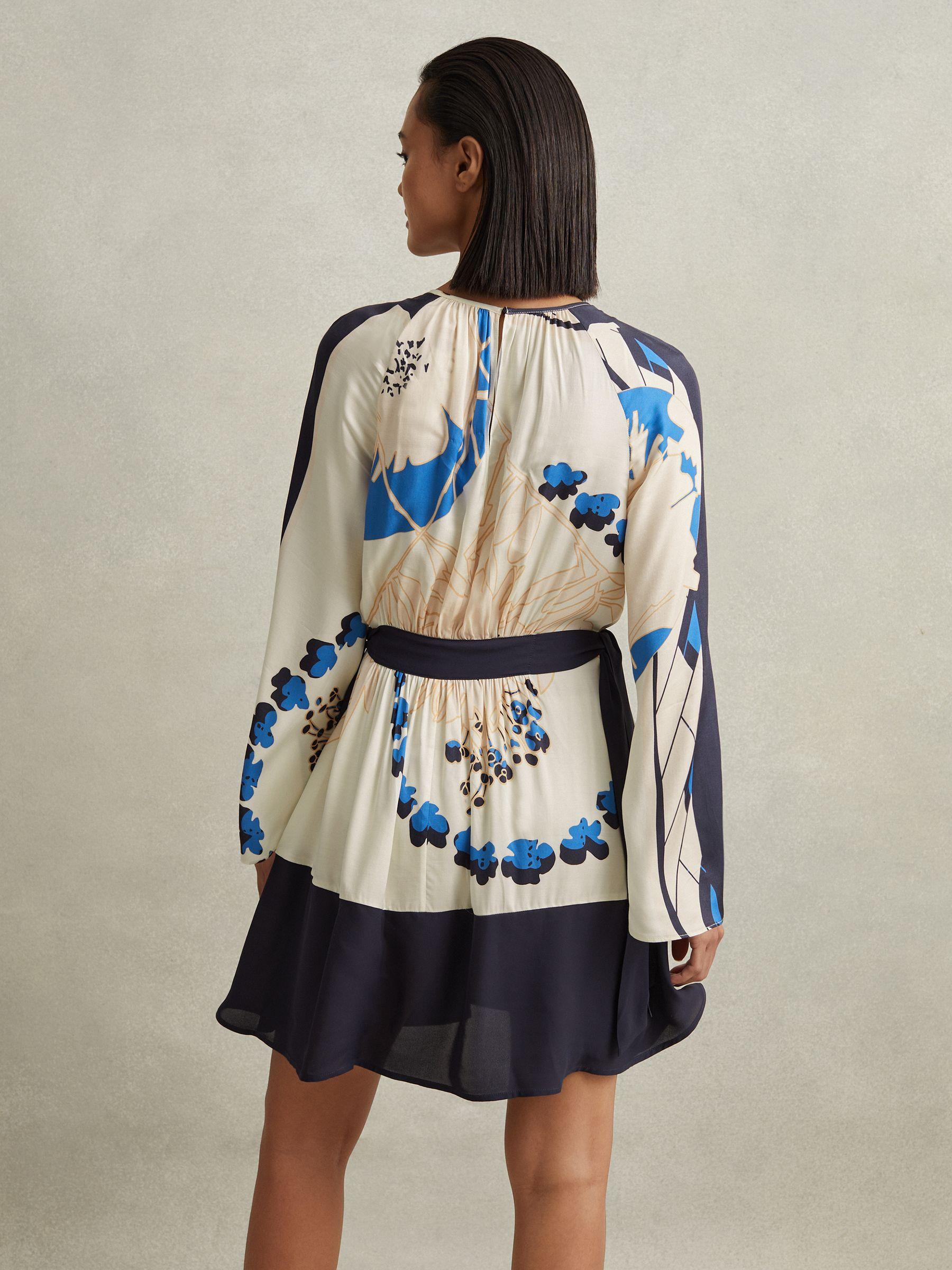 Printed Side Tie Mini Dress in Navy/Blue Product Image