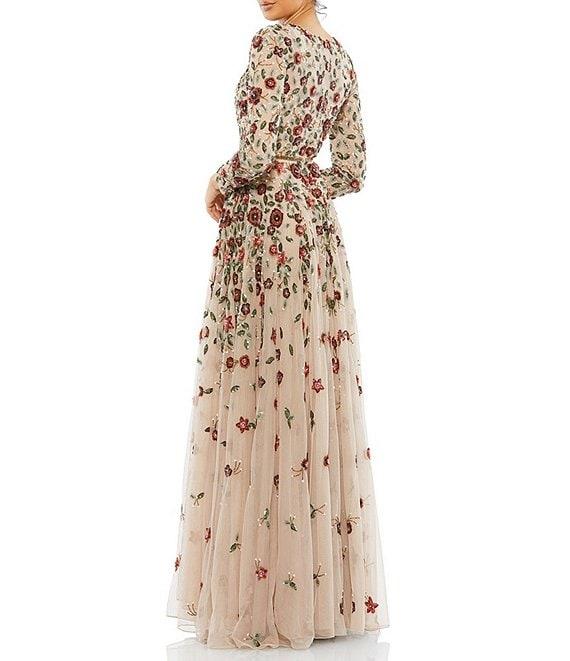 Mac Duggal Floral Beaded Crew Neck Long Sleeve Pleated Chiffon Gown Product Image