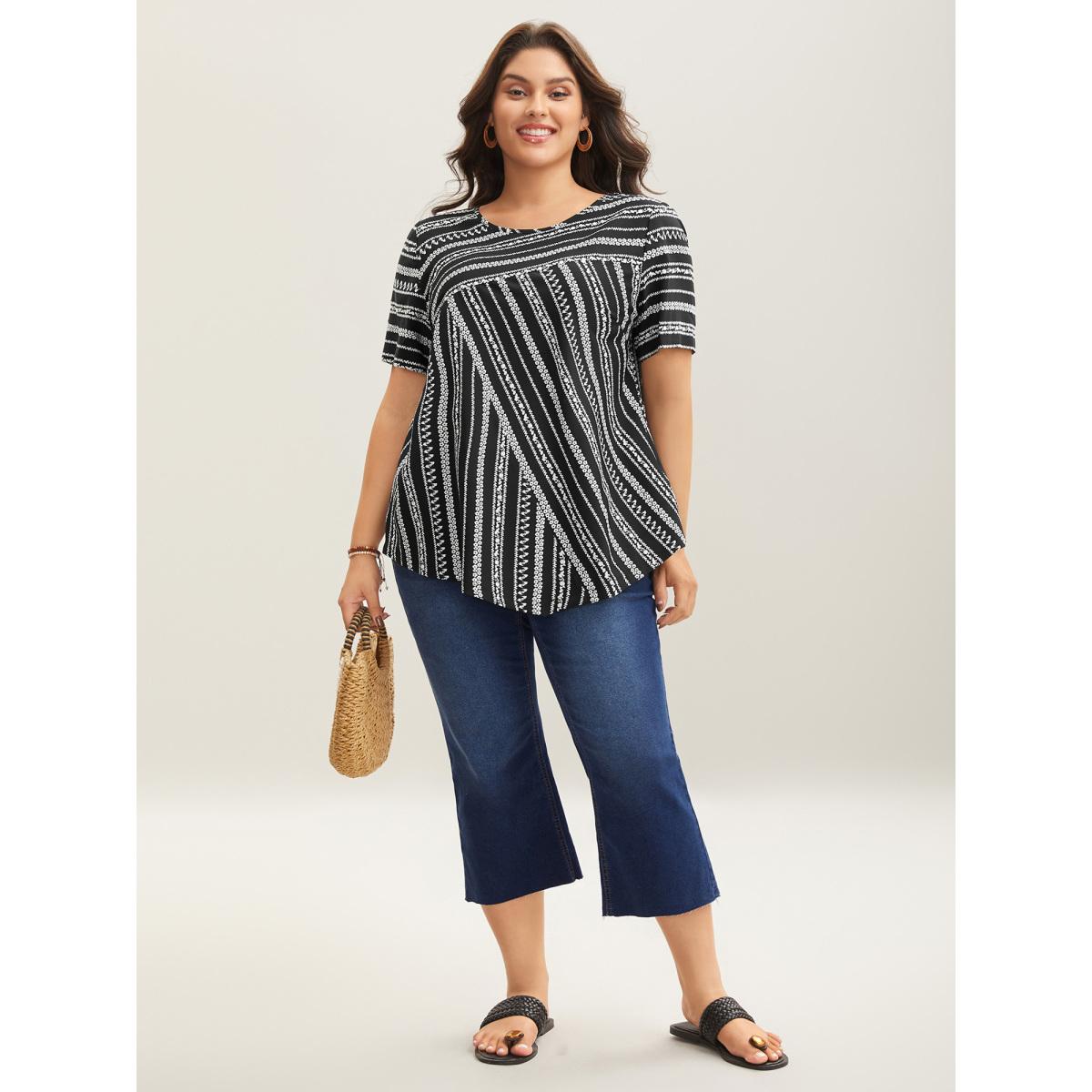 Plus Size Black Striped Overlap Print Curvy Hem Blouse Women Resort Short sleeve Round Neck Vacation Blouses BloomChic 14-16/1X Product Image