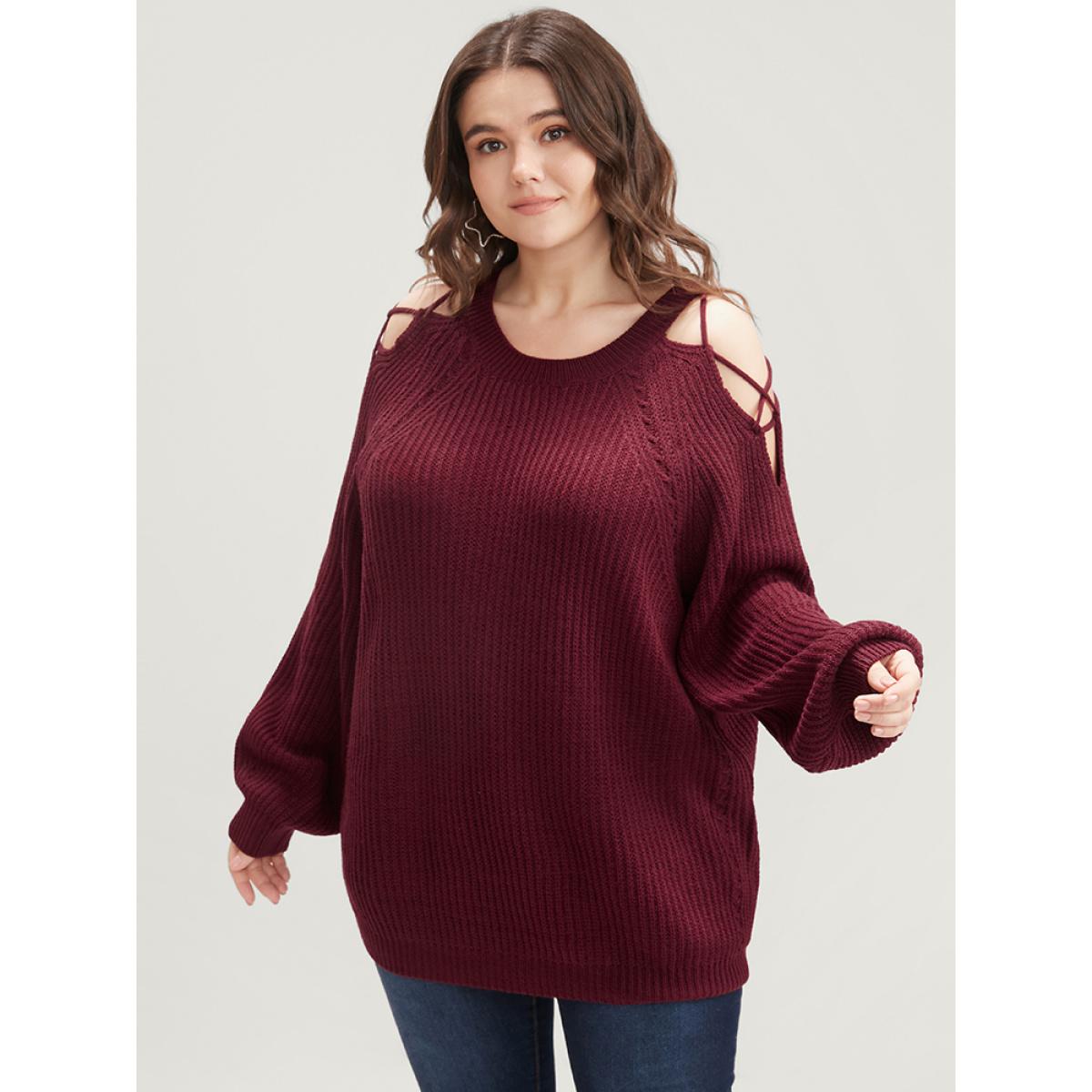 Plus Size Solid Pointelle Knit Cut Out Lantern Sleeve Knit Top Scarlet Women Elegant Loose Long Sleeve Round Neck Dailywear Pullovers BloomChic 22-24/3X Product Image