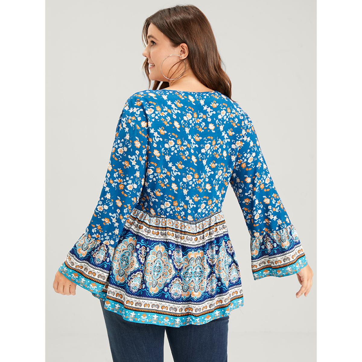 Floral Print Bohemian Plus Size Women Vocation Sundress Tribal Ties Bell Sleeve V Neck Casual Blouses BloomChic Product Image