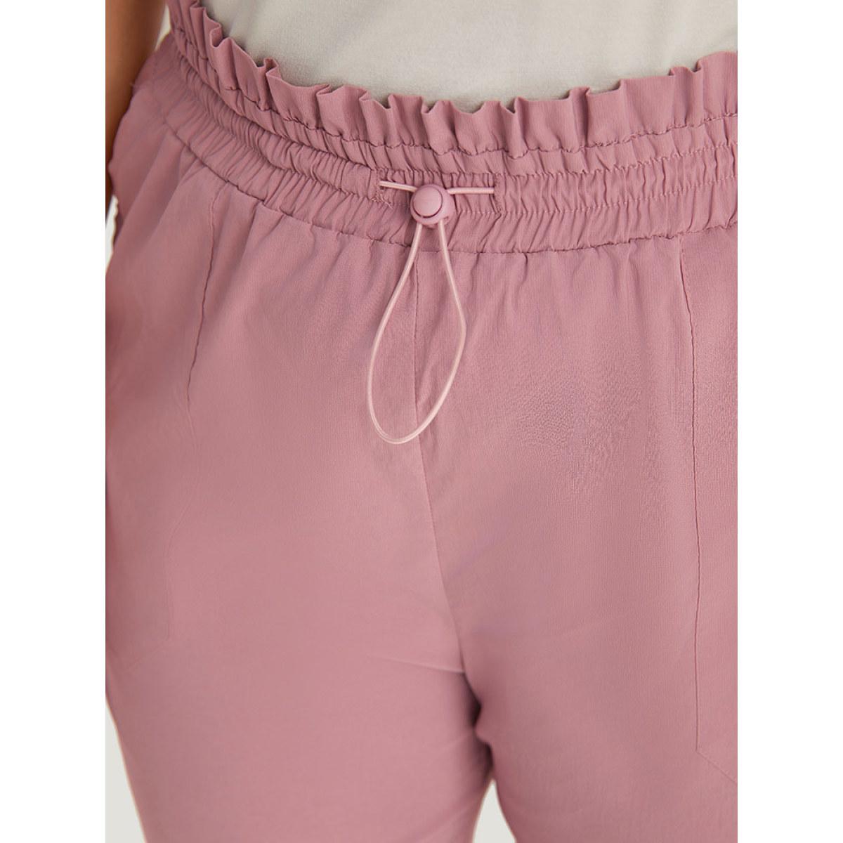Plus Size Plain Paperbag Waist Drawstring Hem Slant Pocket Pants Women Rouge Casual High Rise Dailywear Pants BloomChic 30/6X Product Image