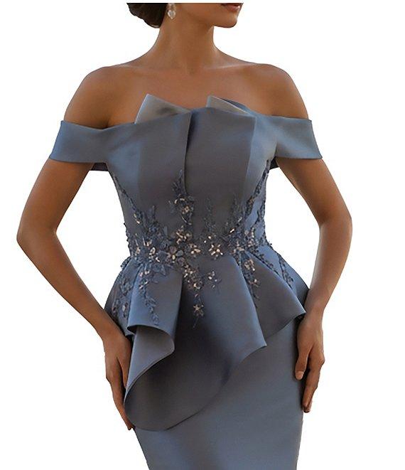 Terani Couture Off-the-Shoulder Pleated Floral Beaded Bodice Mermaid Gown Product Image