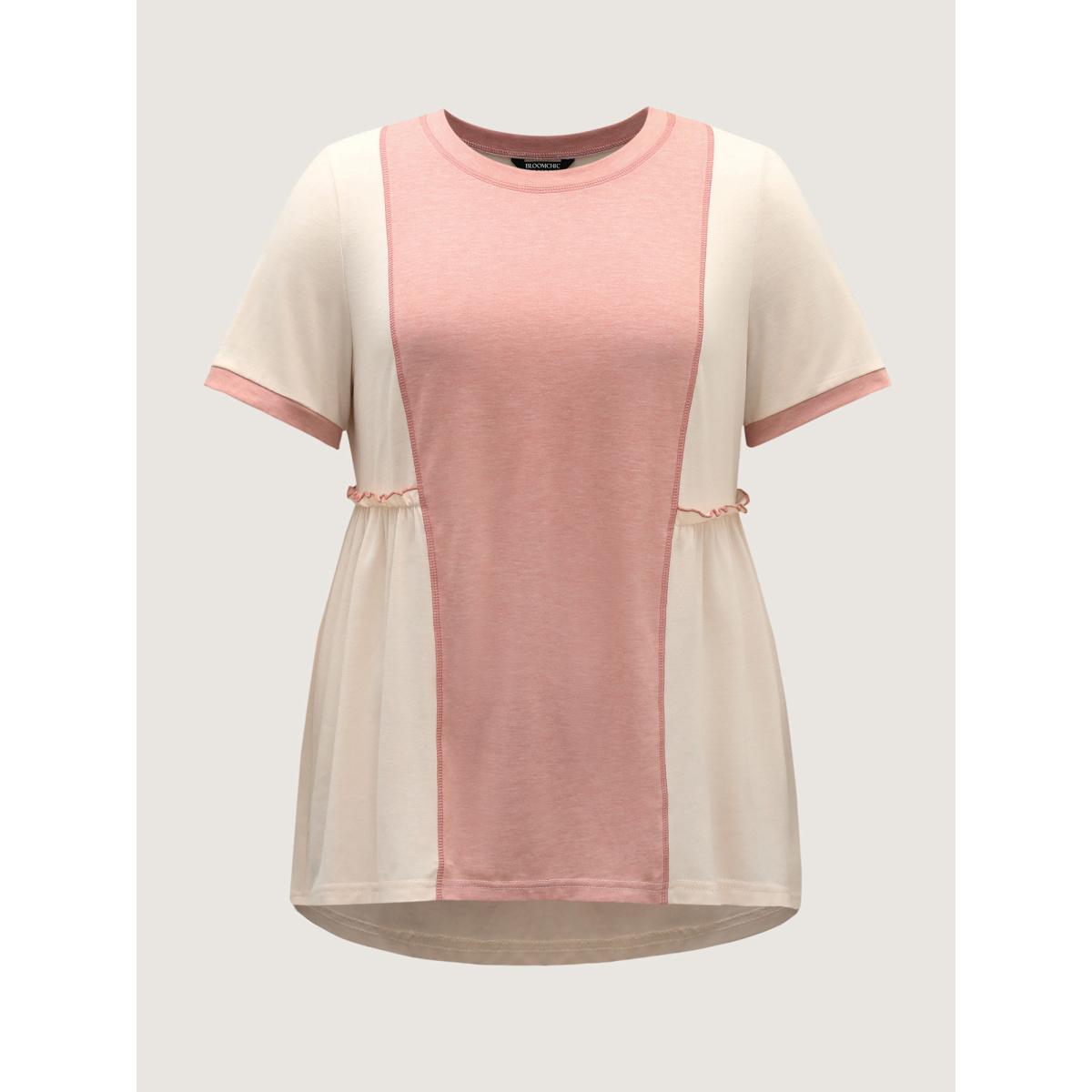 Plus Size Color Contrast High Low Hem T-Shirt Nudepink Women Gathered Round Neck Everyday-Casual T-shirts BloomChic 22-24/3X Product Image