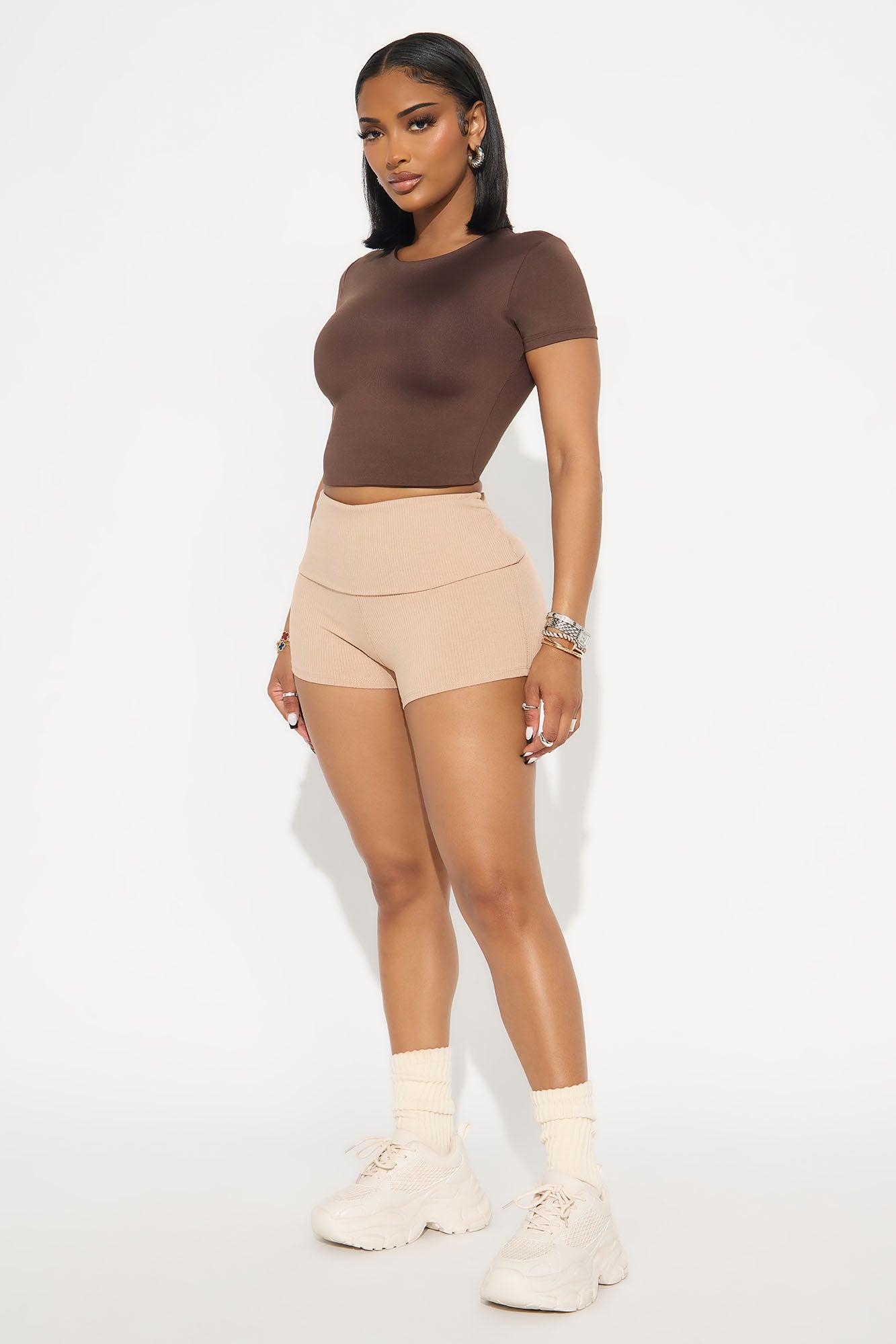 Ribbed Foldover Shorts - Tan Female Product Image