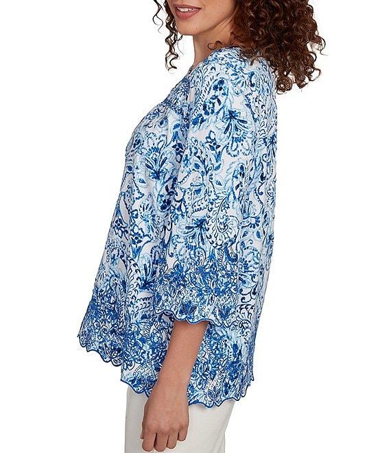 Ruby Rd. Cotton-Blend Embroidered Printed Scoop Neck 3/4 Sleeve Top Product Image
