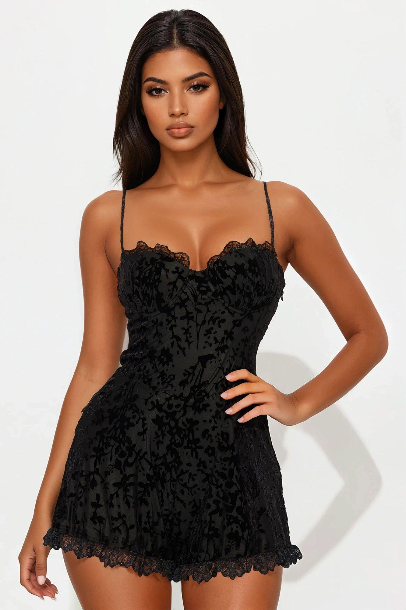 Double Entendre Velvet Burnout Romper - Black Product Image