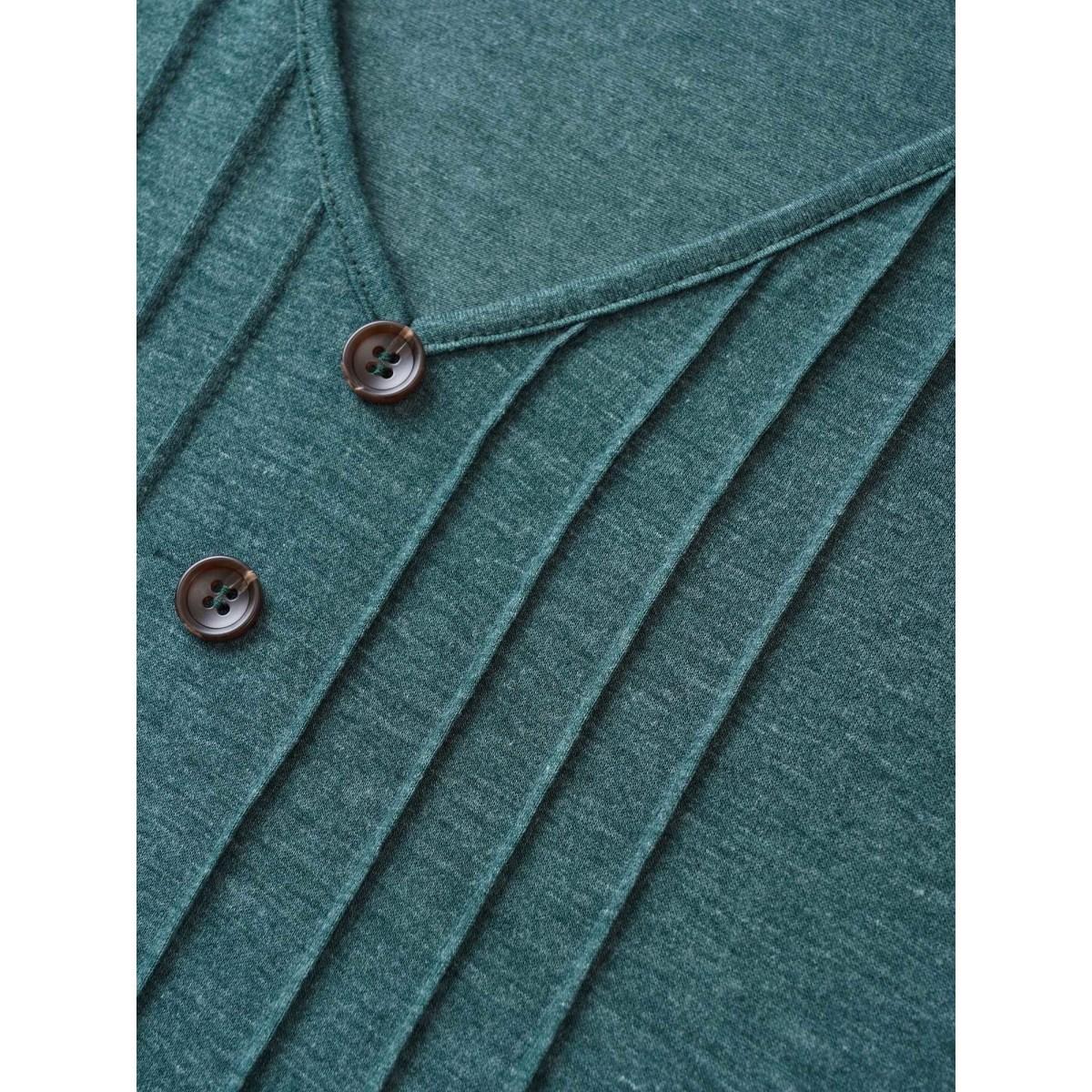 Plus Size Solid Pleated Front Button Detail V Neck T-shirt DarkGreen Women Casual Button Plain Everyday T-shirts BloomChic 30/6X Product Image