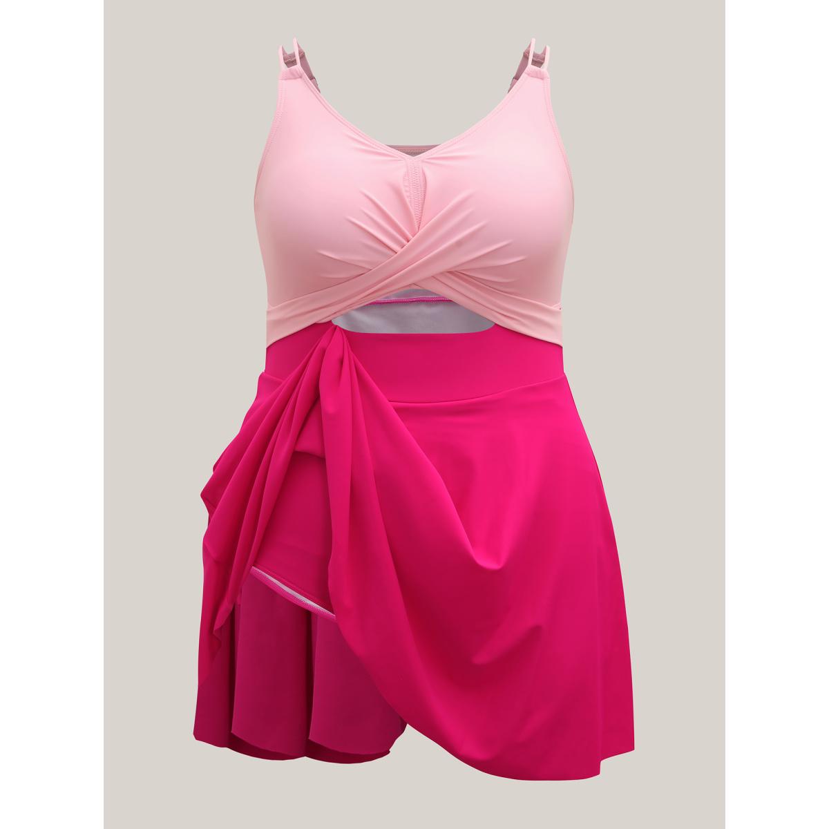 Plus Size Anti-Float Ties Cut-Out Swim Dress Women's Swimwear Rosered Beach Bodycon V-neck High stretch Curve Swim Dresses BloomChic 14-16/1X Product Image
