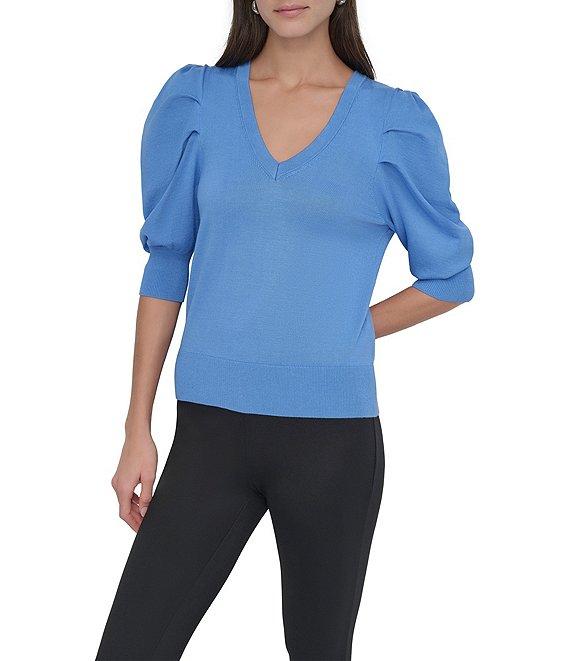 DKNY by Donna Karan Short Pleated Puffed Elbow Sleeve V-Neck Knit Top Product Image