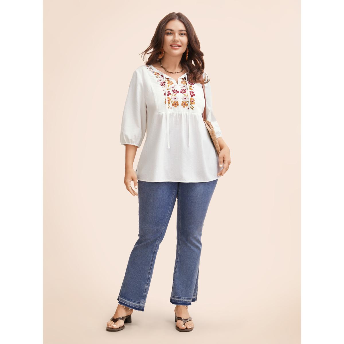 Plus Size Originalwhite Floral Embroidered Tie Knot Lantern Sleeve Blouse Women Resort Elbow-length sleeve V-neck Vacation Blouses BloomChic 30/6X Product Image