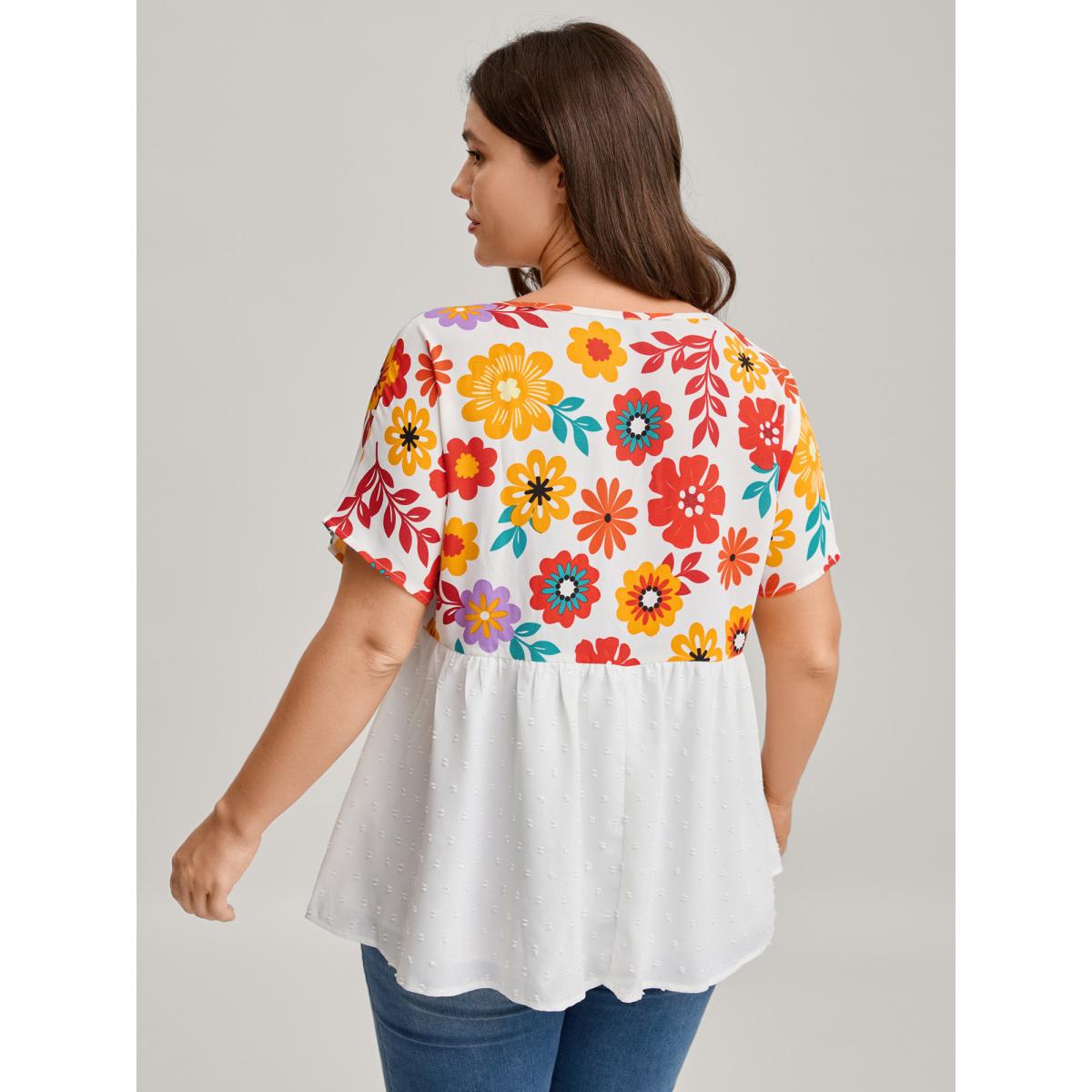 Plus Size WhiteSmoke Floral Print Neck-Tie Babydoll Top Women Resort Short sleeve Non Vacation Blouses BloomChic 28/5X Product Image