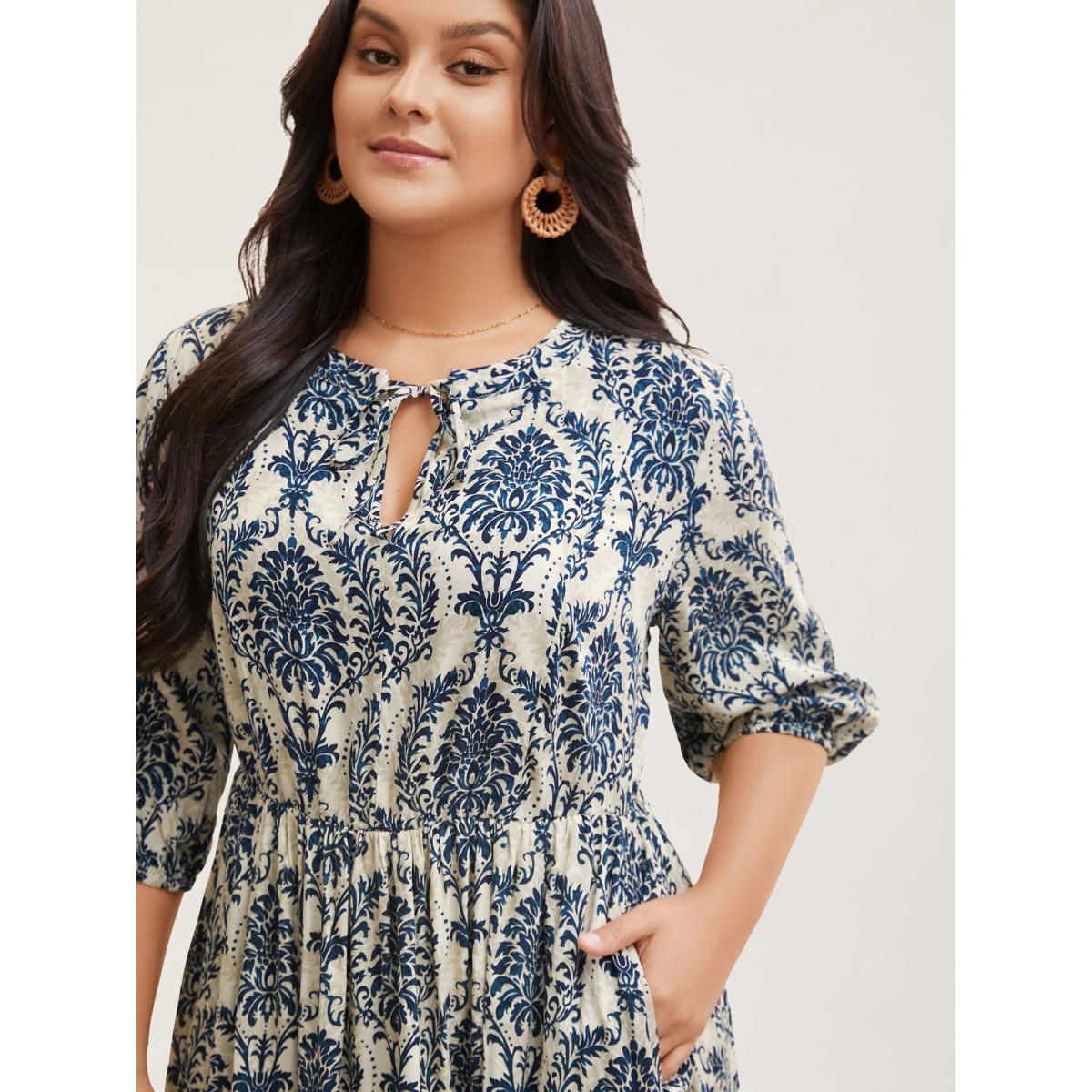 Plus Size Damask Print Tie Knot Puff Sleeve Dress DarkBlue Women Resort Tie knot V-neck Elbow-length sleeve Curvy BloomChic 22-24/3X Product Image