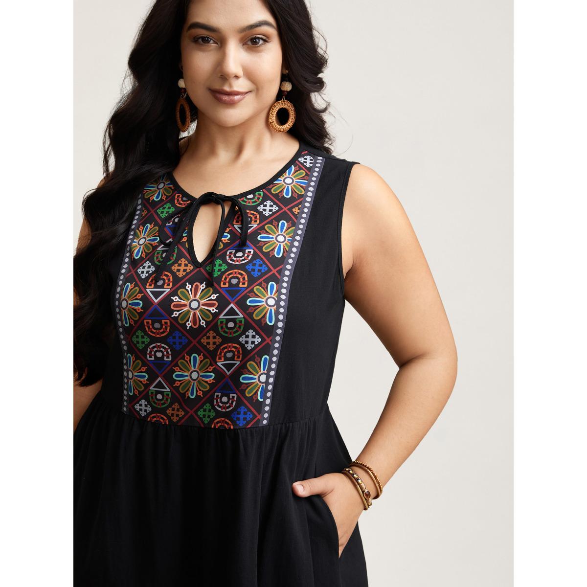 Plus Size Cotton Boho Pattern Neck Tassels Midi Dress Black Women Resort Tie knot Round Neck Sleeveless Curvy BloomChic 14-16/1X Product Image