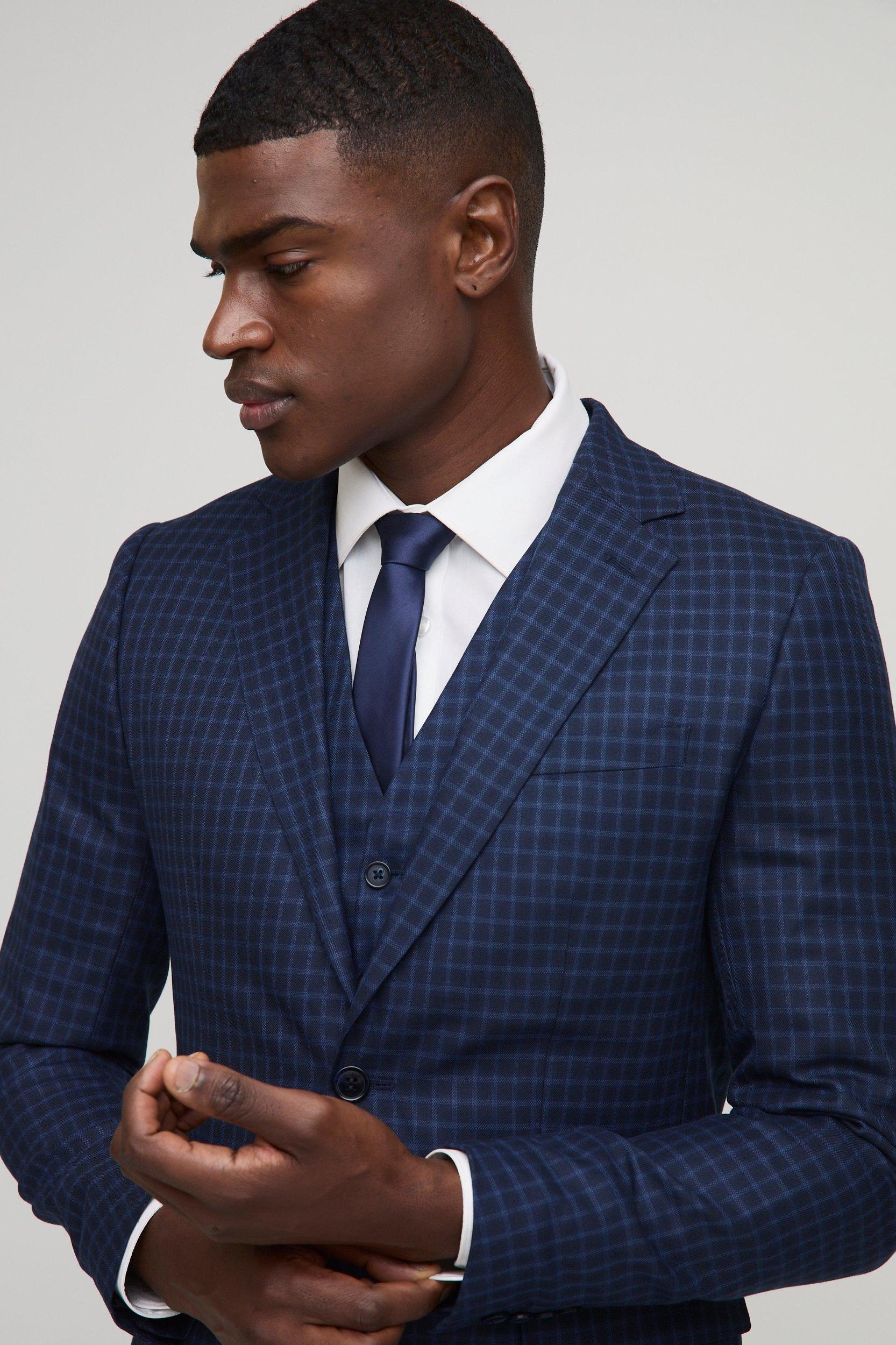 Single Breasted Slim Plaid Suit Jacket | boohooMAN USA Product Image