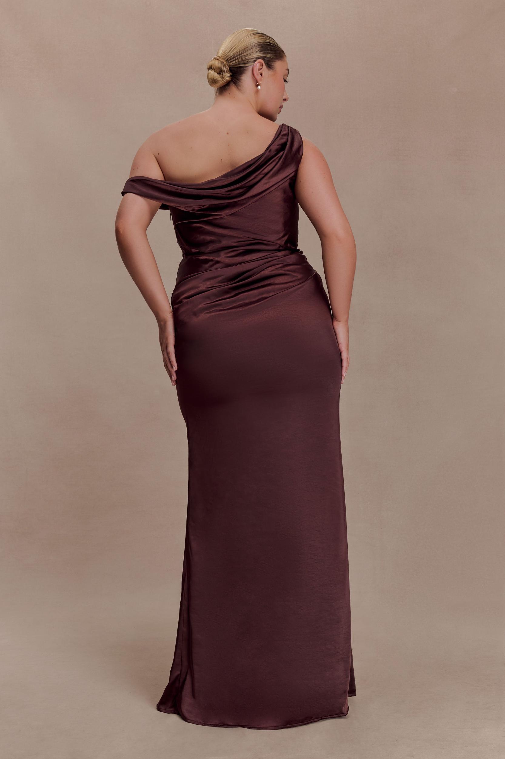 Dalia Off Shoulder Satin Maxi Dress - Dark Chocolate Product Image